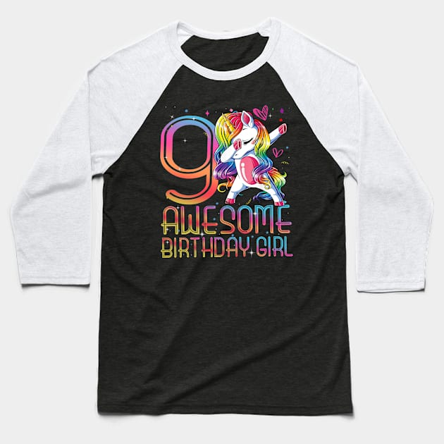 9th Birthday Girl 9 Years Old Awesome Unicorn Dabbing Bday Baseball T-Shirt by The Design Catalyst